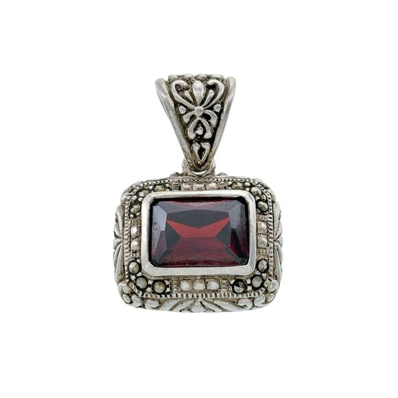Vintage Sterling Silver 925 Garnet and Marcasite Pendant - Picture 1 of 6